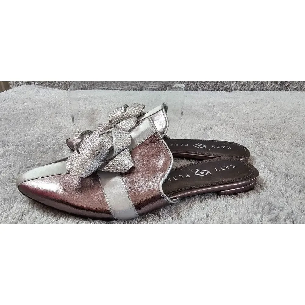 NEW Katy Perry The Stephanie Bow Mules, Women's Size 5.5 Gun‎ Metal Holiday
